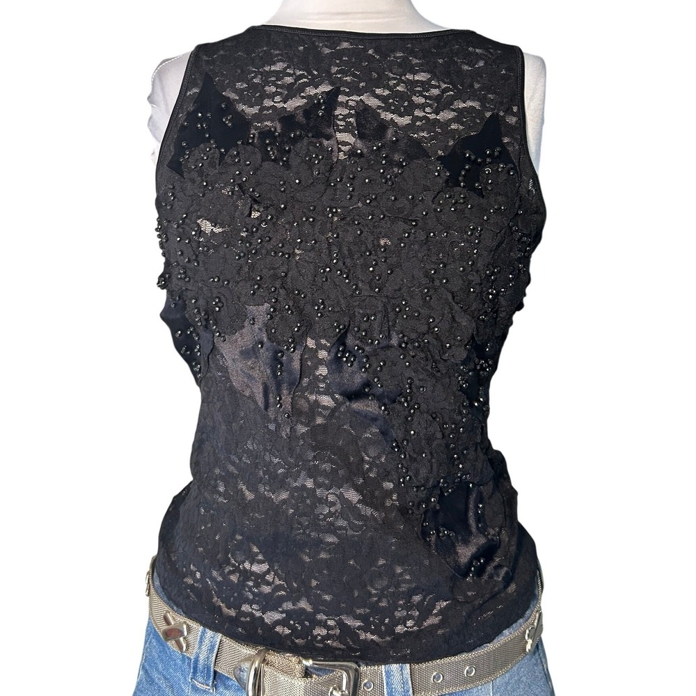 Celo Lace Tank Top Small Black Beaded Floral Mesh Sleeveless Blouse